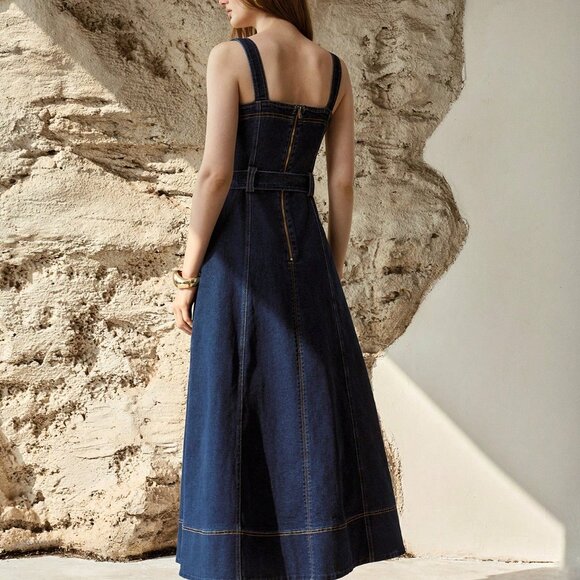 Blue Casual Women's Button Up Belted Denim Dress - Picture 2 of 7